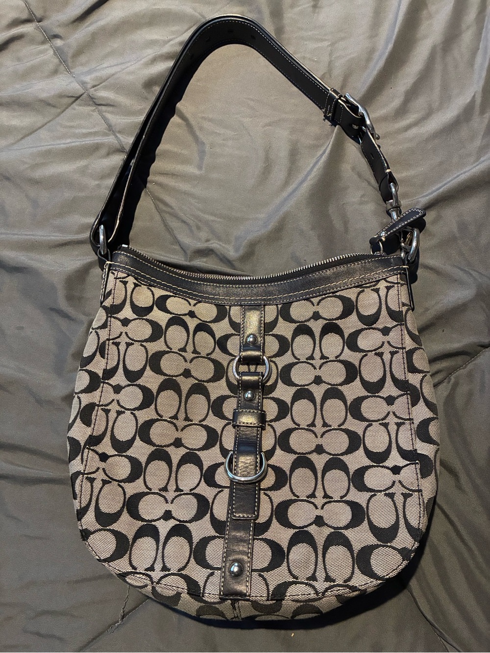 Coach Canvas Hobo Bag in Khaki and Black
